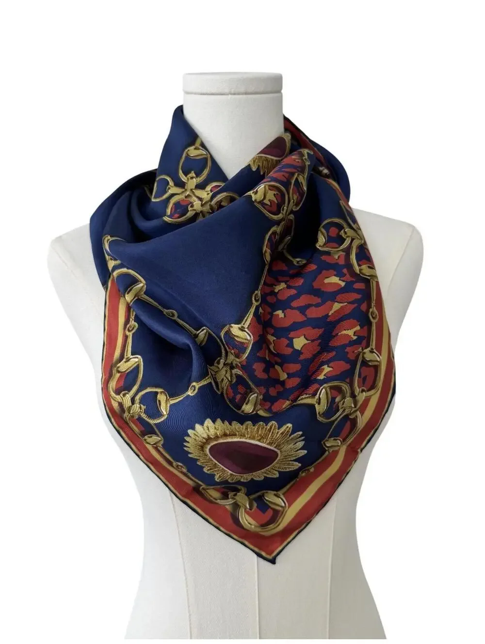 Beymen Silk Horsebit Print Square‎ Scarf Blue Red Gold Made in Turkey